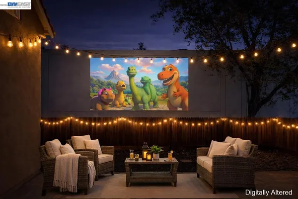 a building outdoor space with patio furniture and potted plants