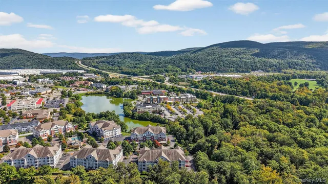 an aerial view of residential houses with outdoor space and trees