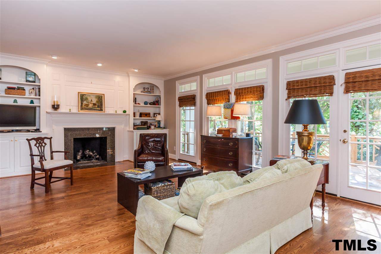 3201 Millstream Place Raleigh, NC 27609 - Photo 6 of 16 a living room with furniture a fireplace and a flat screen tv