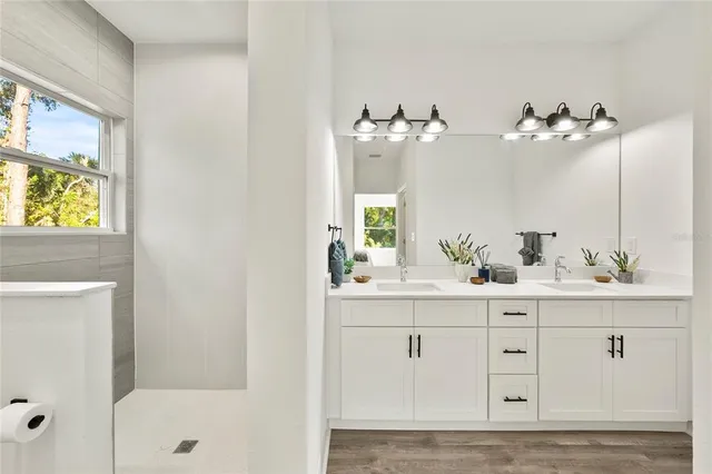 a bathroom with a sink vanity and a mirror