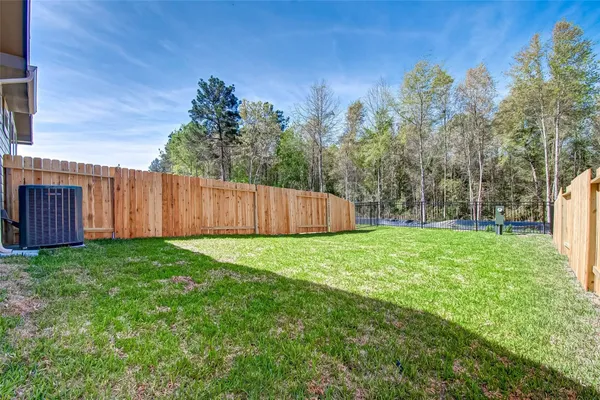 a view of a backyard with large trees and wooden fence