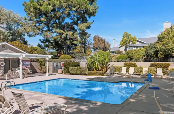 swimming pool view with a garden space