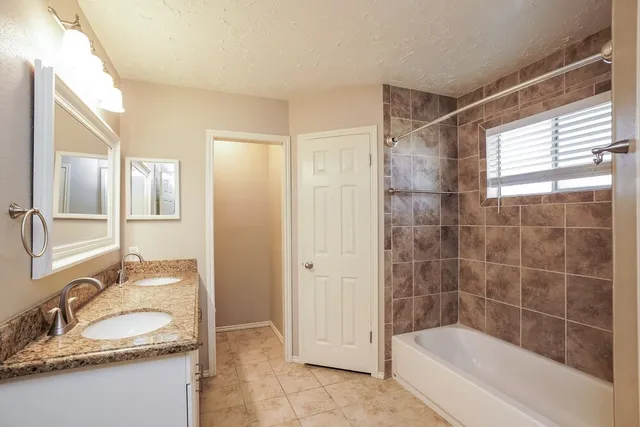 a bathroom with a granite countertop tub sink and shower