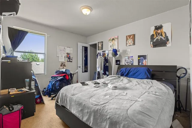 a bed room with a bed and a desk