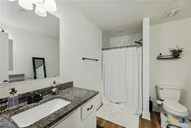 a bathroom with a granite countertop sink toilet and shower