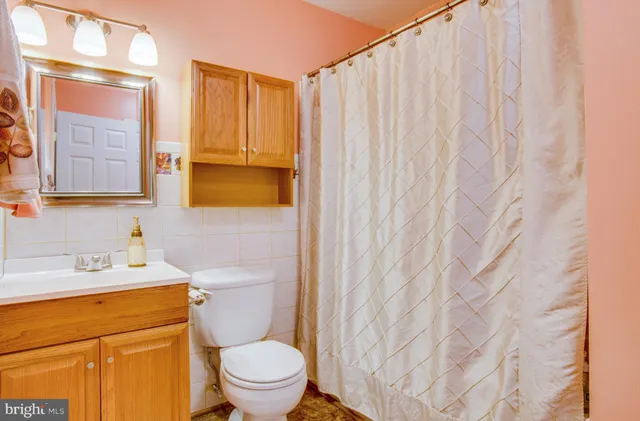 a bathroom with a sink a toilet and shower curtain