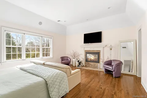 a living room with furniture a flat screen tv and a fireplace