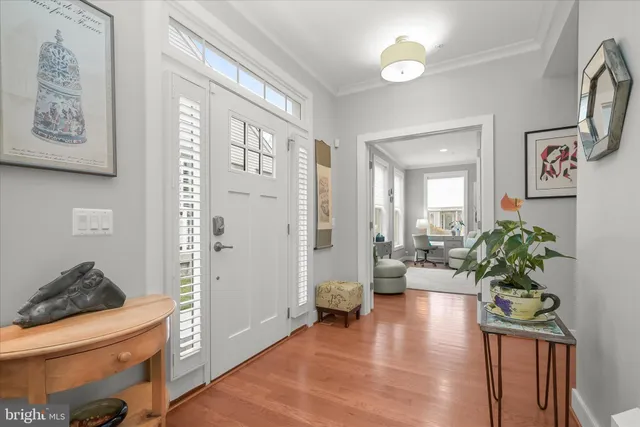 a hall way with furniture and a potted plant