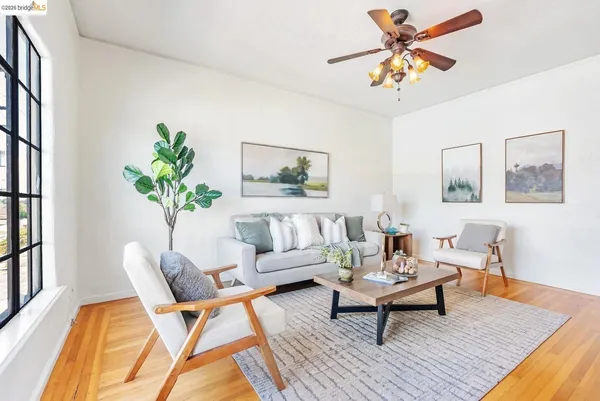 a living room with large windows and a potted plant