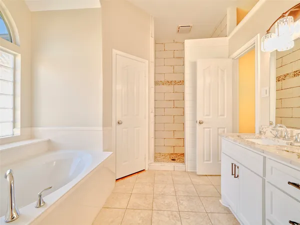 a bathroom with a granite countertop sink and a bathtub
