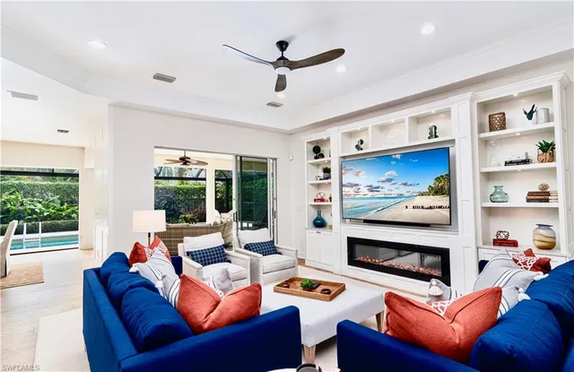 a living room with fireplace furniture and a flat screen tv
