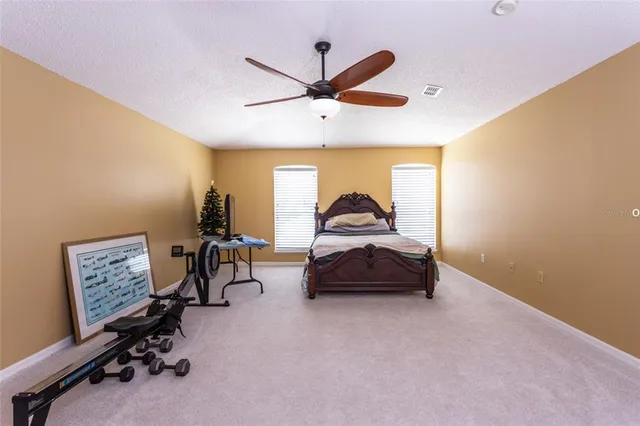 a living room with furniture and a ceiling fan