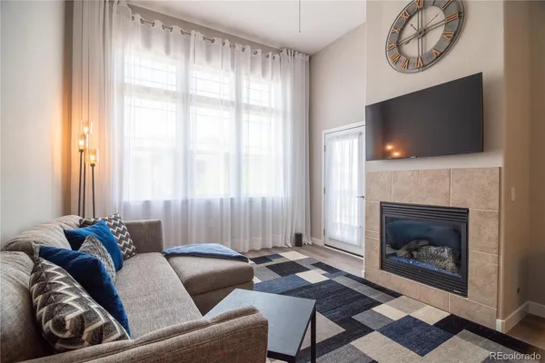 a living room with furniture a flat screen tv and a fireplace