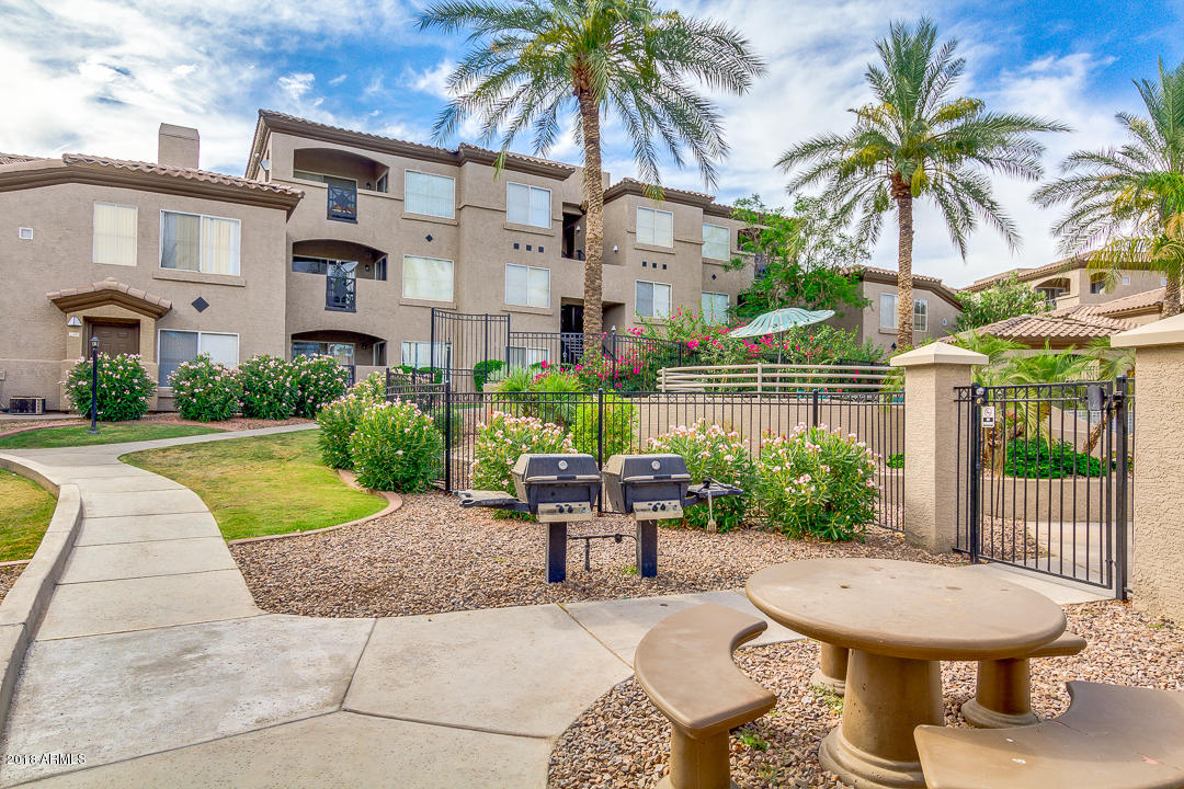 3236 East Chandler Boulevard, Unit 2093 Phoenix, AZ 85048 - Photo 24 of 28 a view of a patio with couches table and chairs potted plants and palm trees