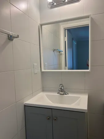 a bathroom with a sink and mirror