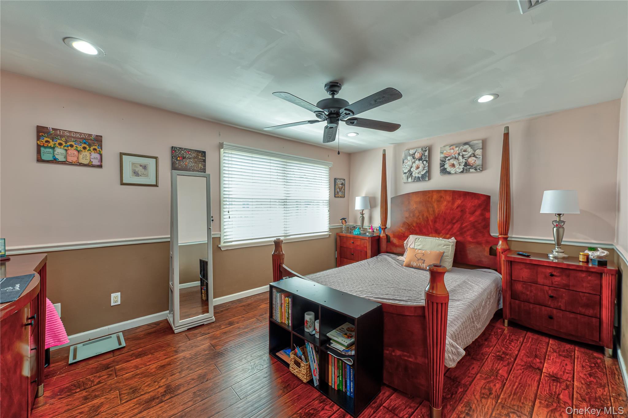 27 Half Mile Road Middle Island, NY 11953 - Photo 16 of 35 Bedroom with ceiling fan, dark wood finished floors, and recessed lighting