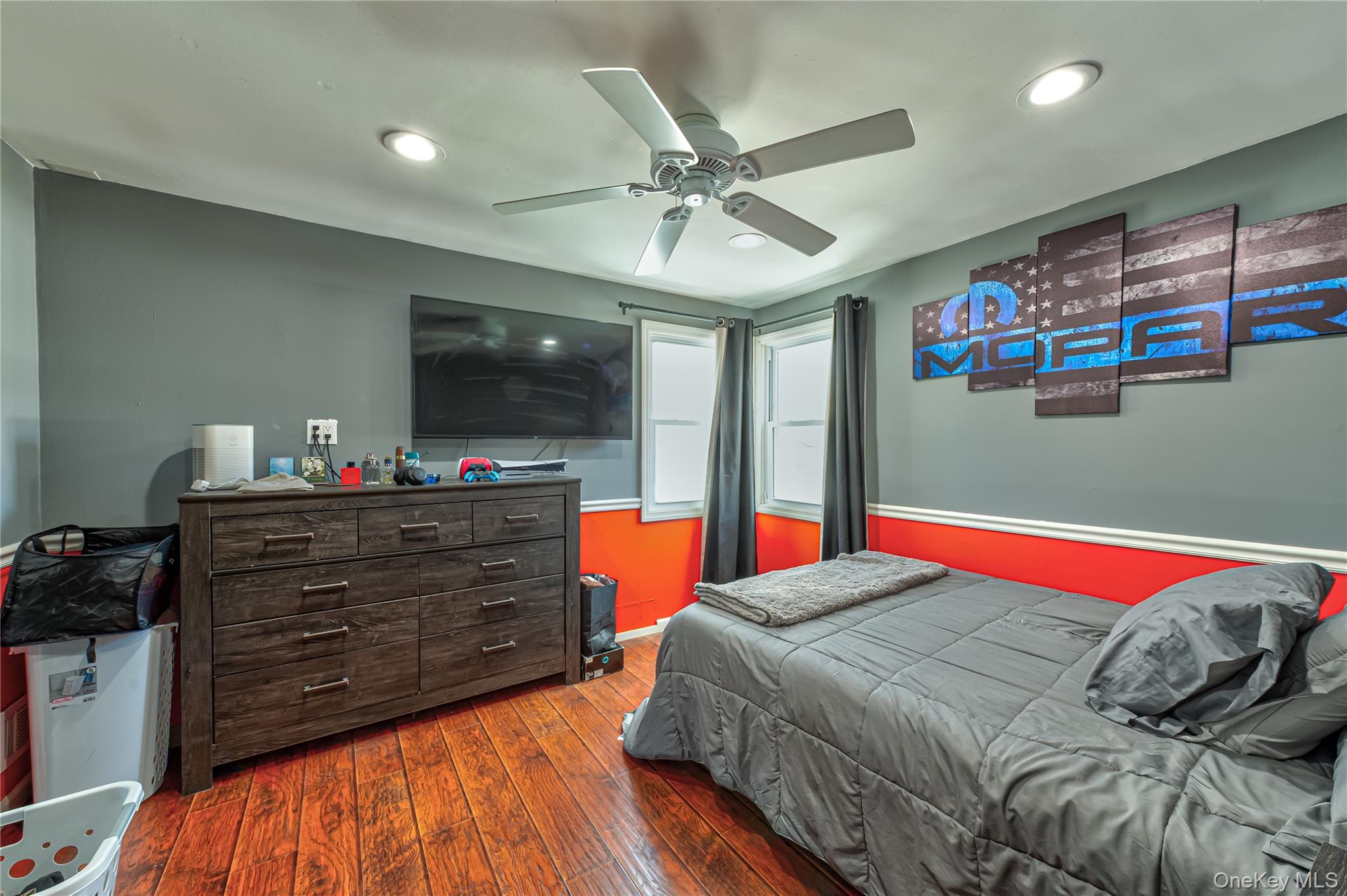27 Half Mile Road Middle Island, NY 11953 - Photo 17 of 35 Bedroom featuring dark wood-style floors, ceiling fan, and recessed lighting