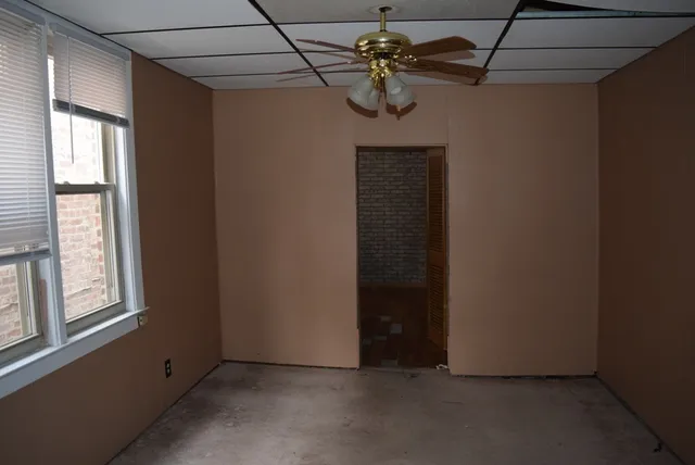 a view of a small space with a window