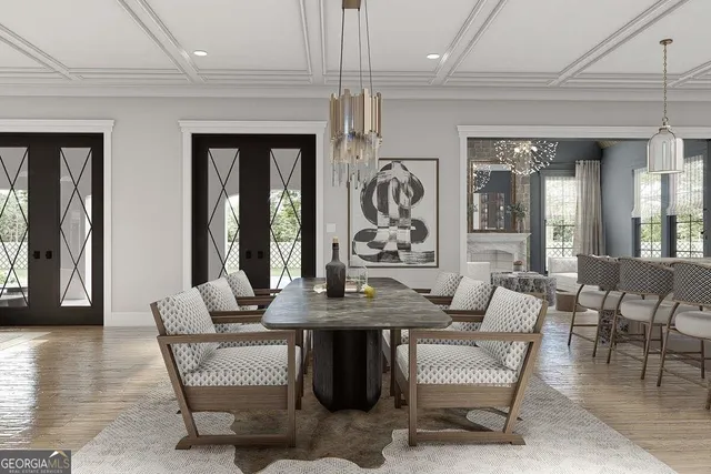 a dining room with furniture and window