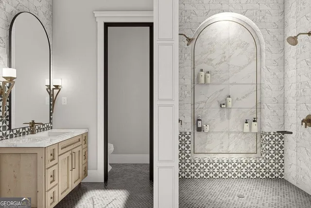 a bathroom with a sink a vanity and a mirror