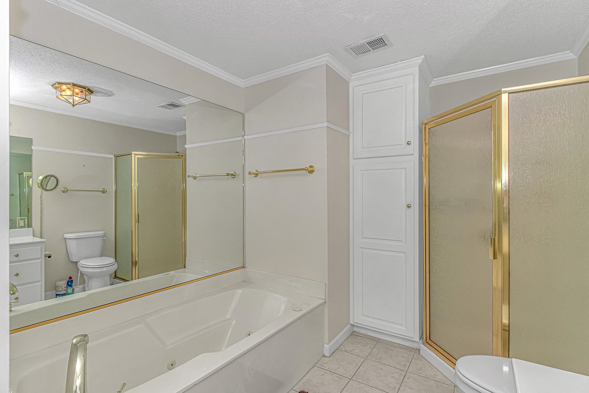 119 University Circle Conway, SC 29526 - Photo 20 of 40 Bathroom with a stall shower, a textured ceiling, ornamental molding, a whirlpool tub, and vanity