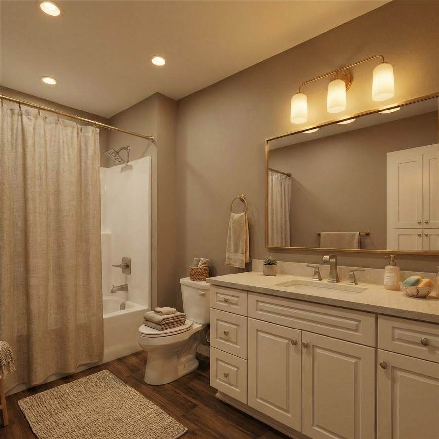 102 Kelly Road Clemson, SC 29631 - Photo 8 of 18 Traditional Timeless Package. This clean and inviting bathroom features warm lighting and modern fixtures.