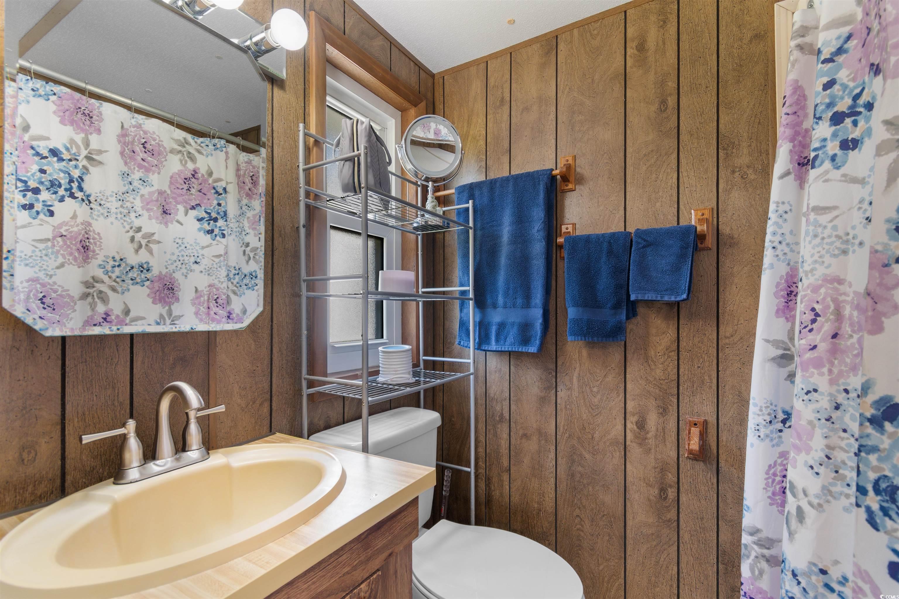 299 Williams Hill Road Hemingway, SC 29554 - Photo 27 of 40 Bathroom featuring wood walls, vanity, and a shower with curtain
