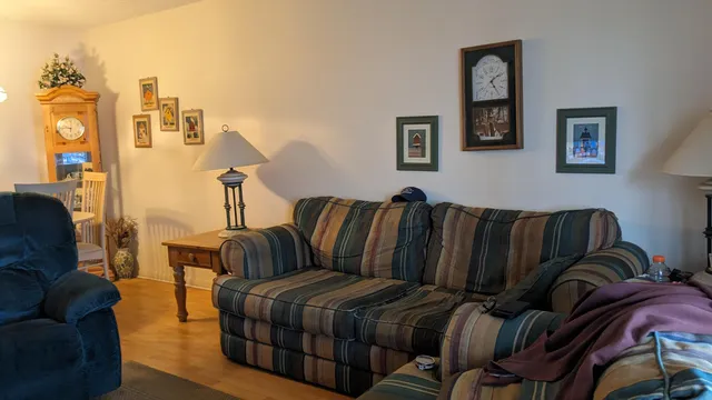 a living room with furniture a lamp and paintings on the wall