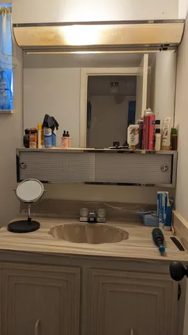 a bathroom with a sink and a mirror