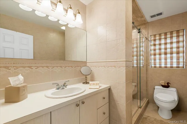 a bathroom with a sink a toilet and a mirror