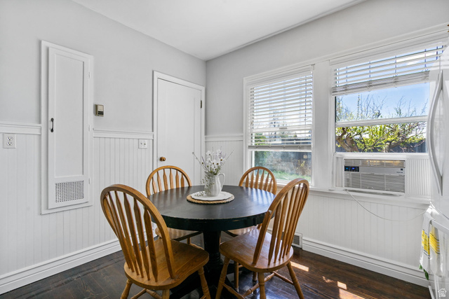 137 West 200 S Street Fairview, UT 84629 - Photo 5 of 34 White beadboard wainscoting and trim, wood-finish flooring, and multiple windows with blinds