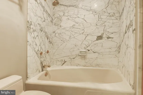 a bathroom with a bathtub and toilet