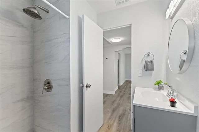 a bathroom with a sink vanity and shower
