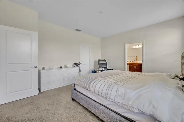 a bedroom with a bed and a closet