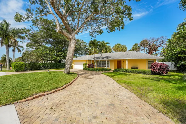 a view of a house with a yard and a large tree
