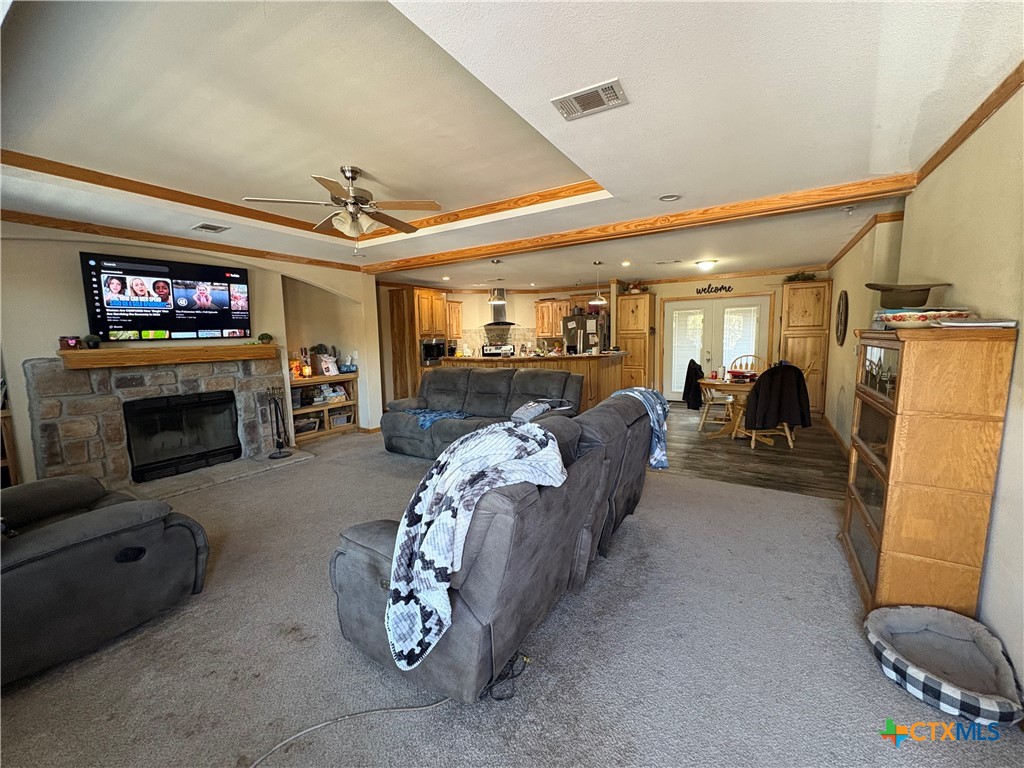 371 Moosehead Road Spring Branch, TX 78070 - Photo 8 of 17 a living room with furniture a flat screen tv and a fireplace
