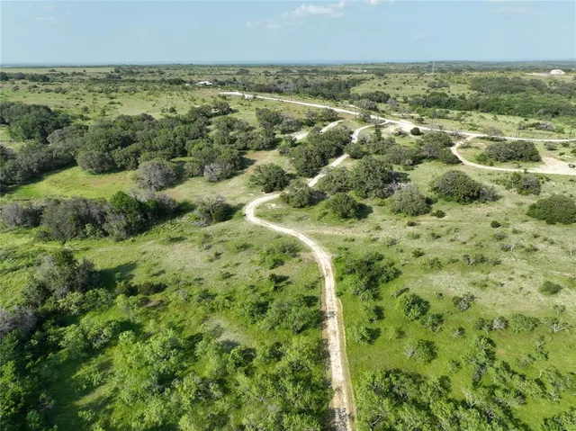 an aerial view of residential houses with outdoor space and trees