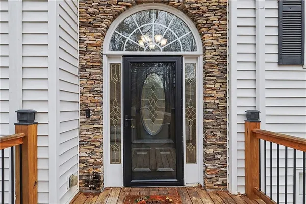 a front view of a building with a door
