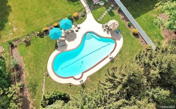 a view of a swimming pool with a yard