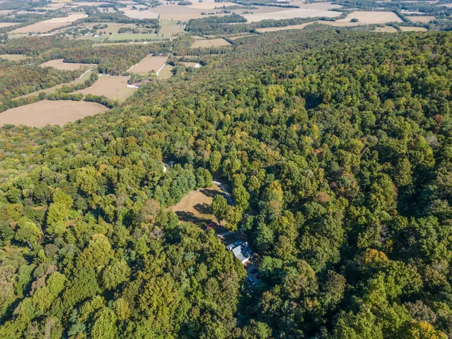 an aerial view of residential houses with outdoor space and trees
