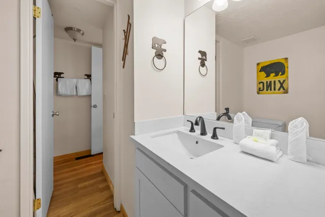 a bathroom with a sink and mirror