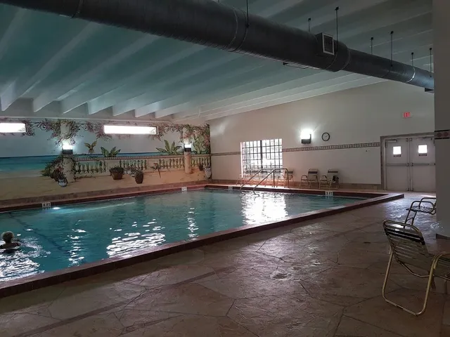 a view of a water fountain and a kitchen