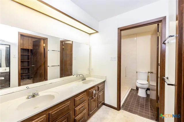 a bathroom with a double vanity sink a mirror and a toilet