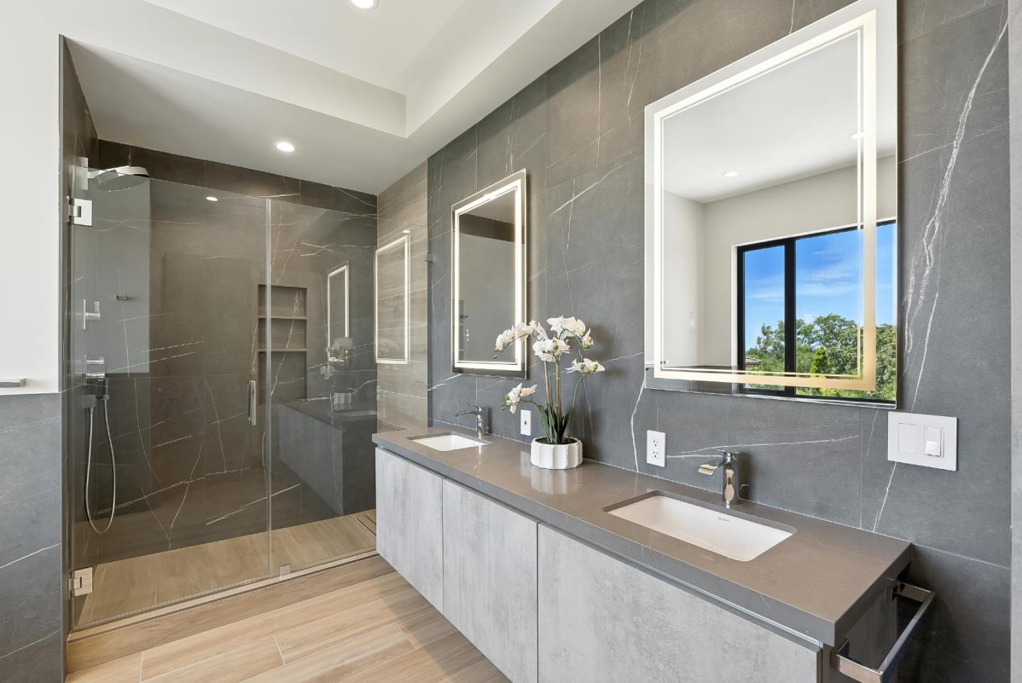 1127 Hillslope Place Los Altos, CA 94024 - Photo 31 of 70 a bathroom with a double vanity sink mirror and shower