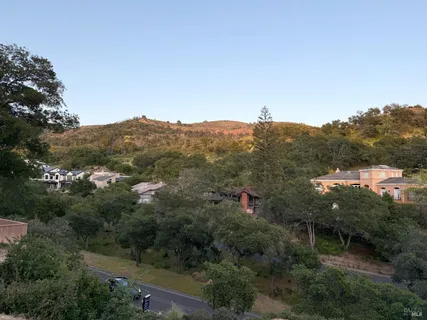an aerial view of residential house with green space and mountain view