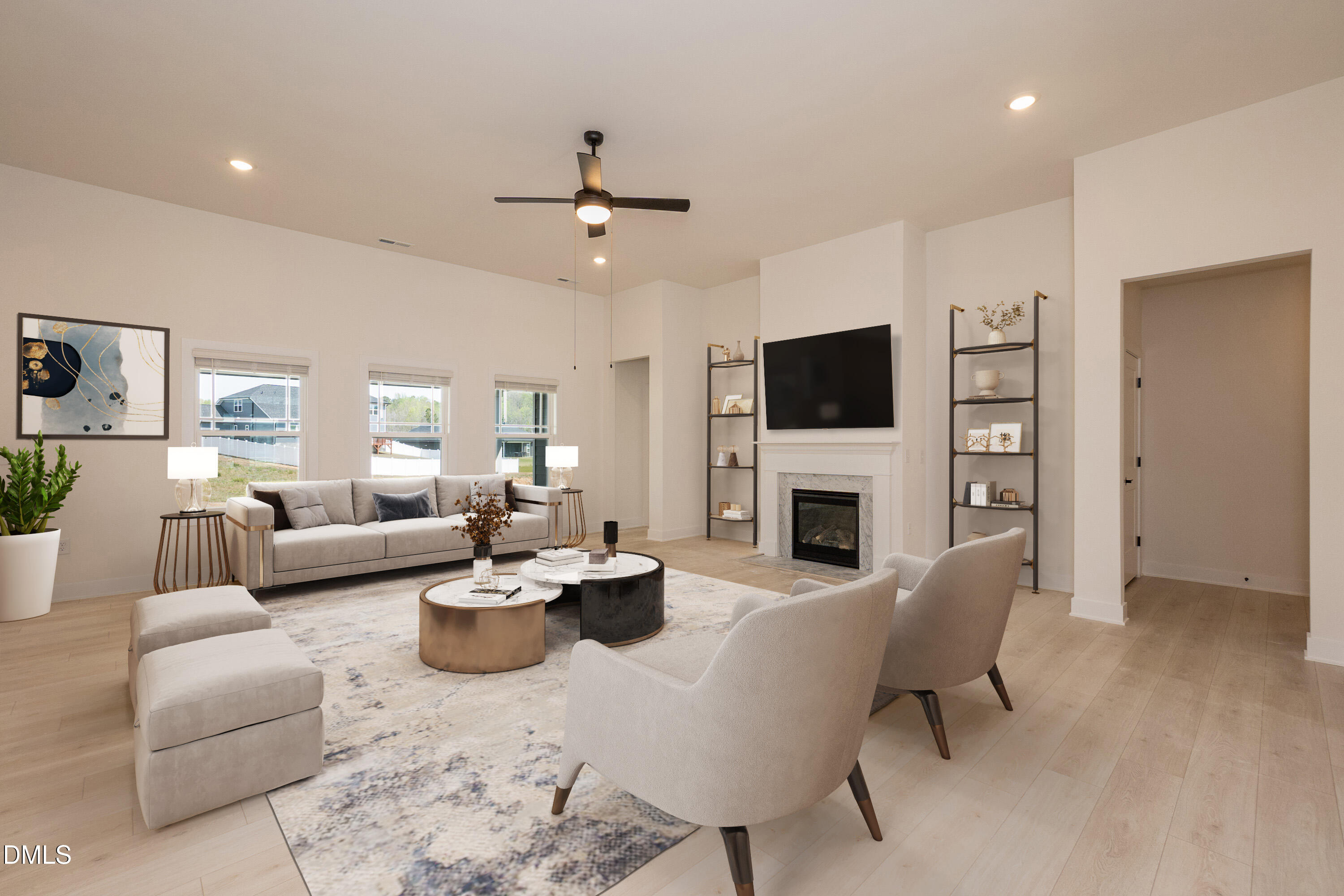 180 Galway Road Lillington, NC 27546 - Photo 6 of 41 a living room with furniture a fireplace and a flat screen tv