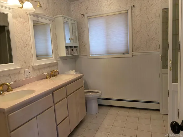 a bathroom with a sink a toilet and mirror