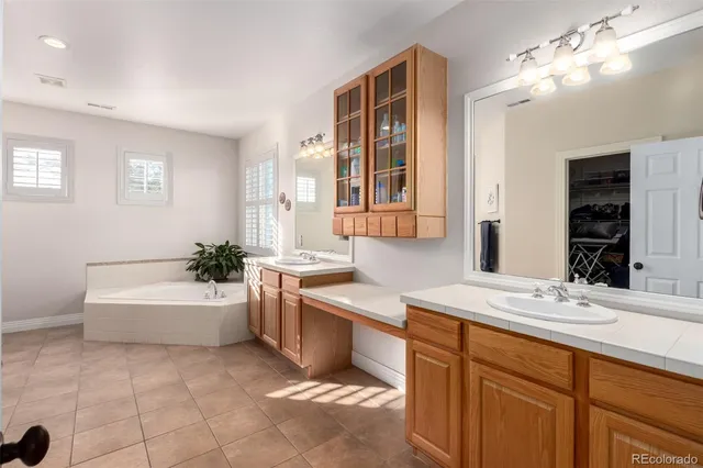 a bathroom with a tub sink and mirror