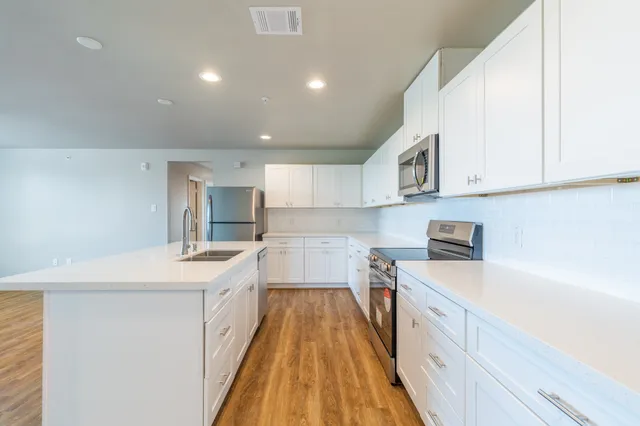 a large kitchen with stainless steel appliances a sink a stove and a refrigerator