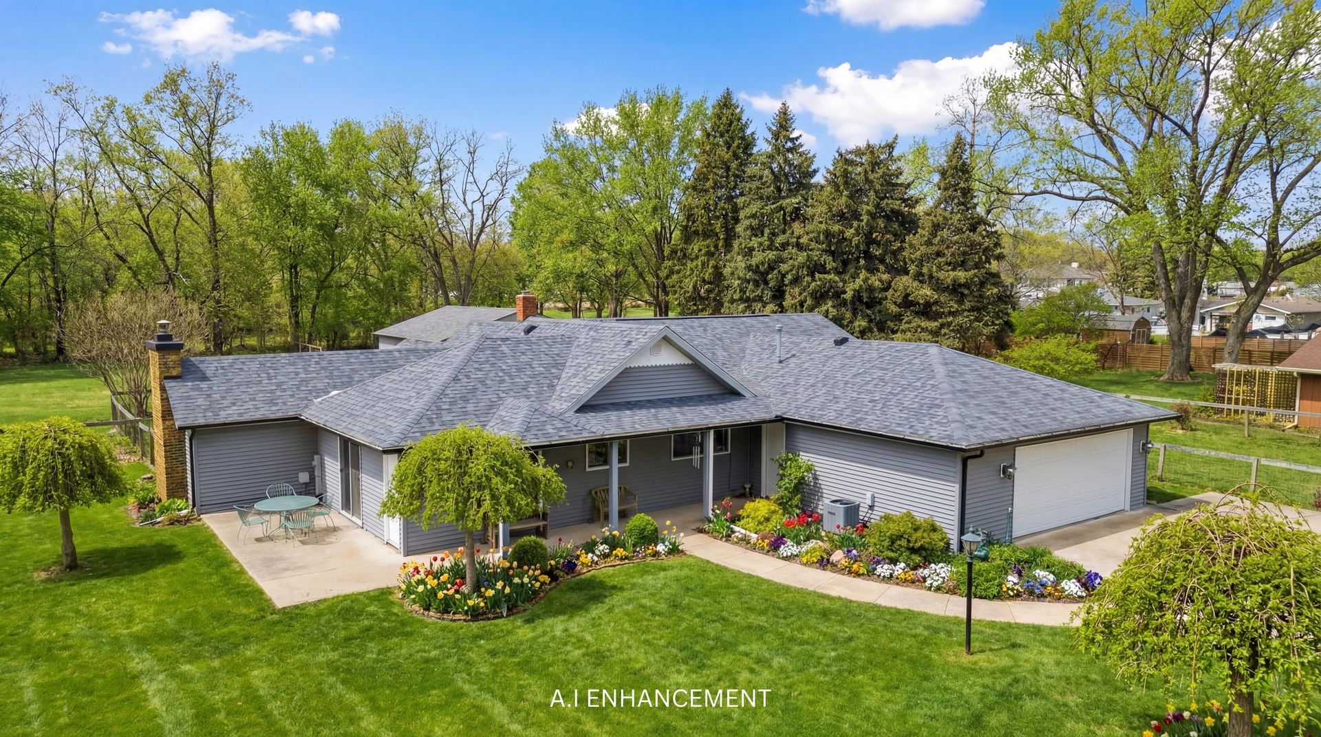 a front view of a house with a garden and plants